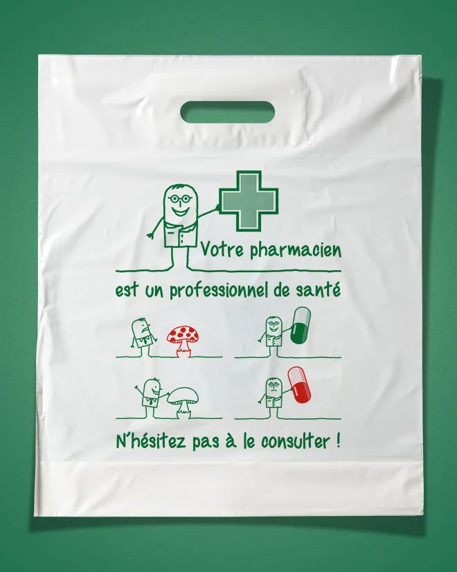 Sacs plastique à poignées découpées renforcées « pharma conseil »